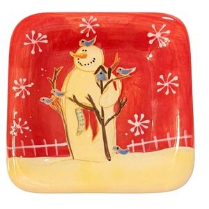 2 Certified International Mary Beth Baxter Snowman Birds Square Plate Red Yellow